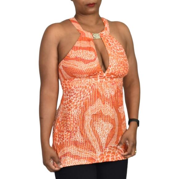 Trina Turk Halter Top Orange Metallic Tunic Keyhole Plunge Retro Y2K Size 6 - Picture 8 of 15